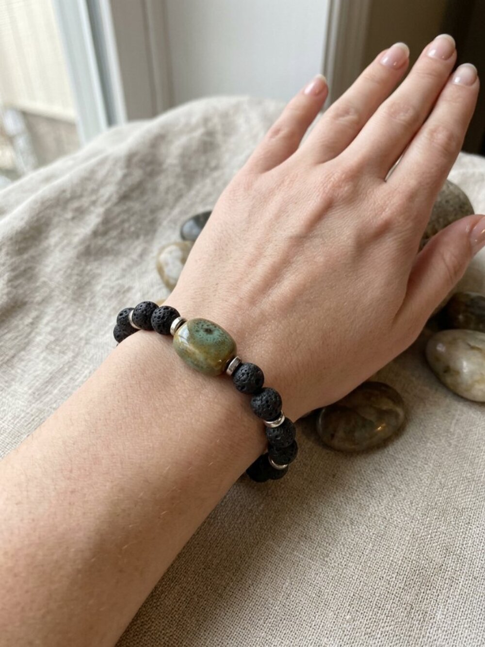 Unisex Lava Rock & Glazed Ceramic Accent Stretch Bracelet - Earthy Boho